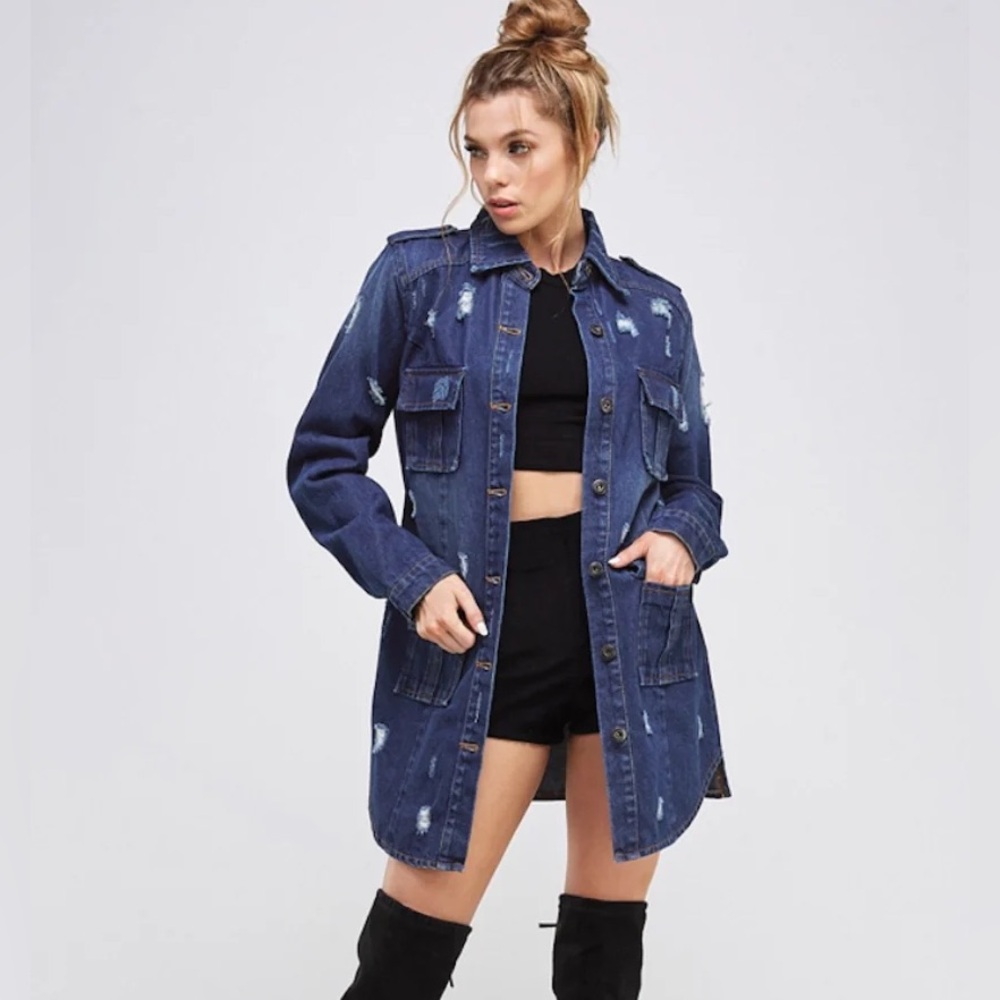 Distressed Denim Long Jacket